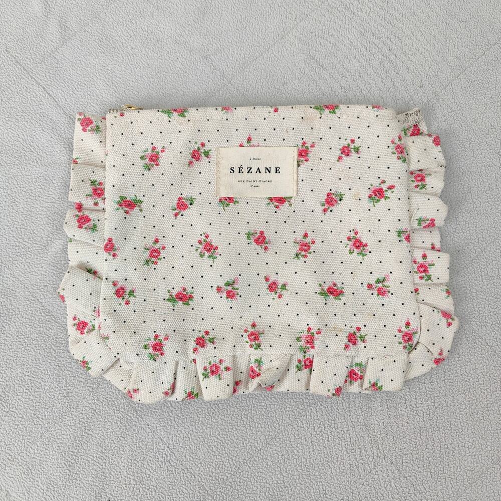 Sézane Floral Ruffle Clutch - Cream with Pink Roses